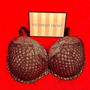 VICTORIAS VERY SEXY BLACK LACE OVER TAUPE 34DD